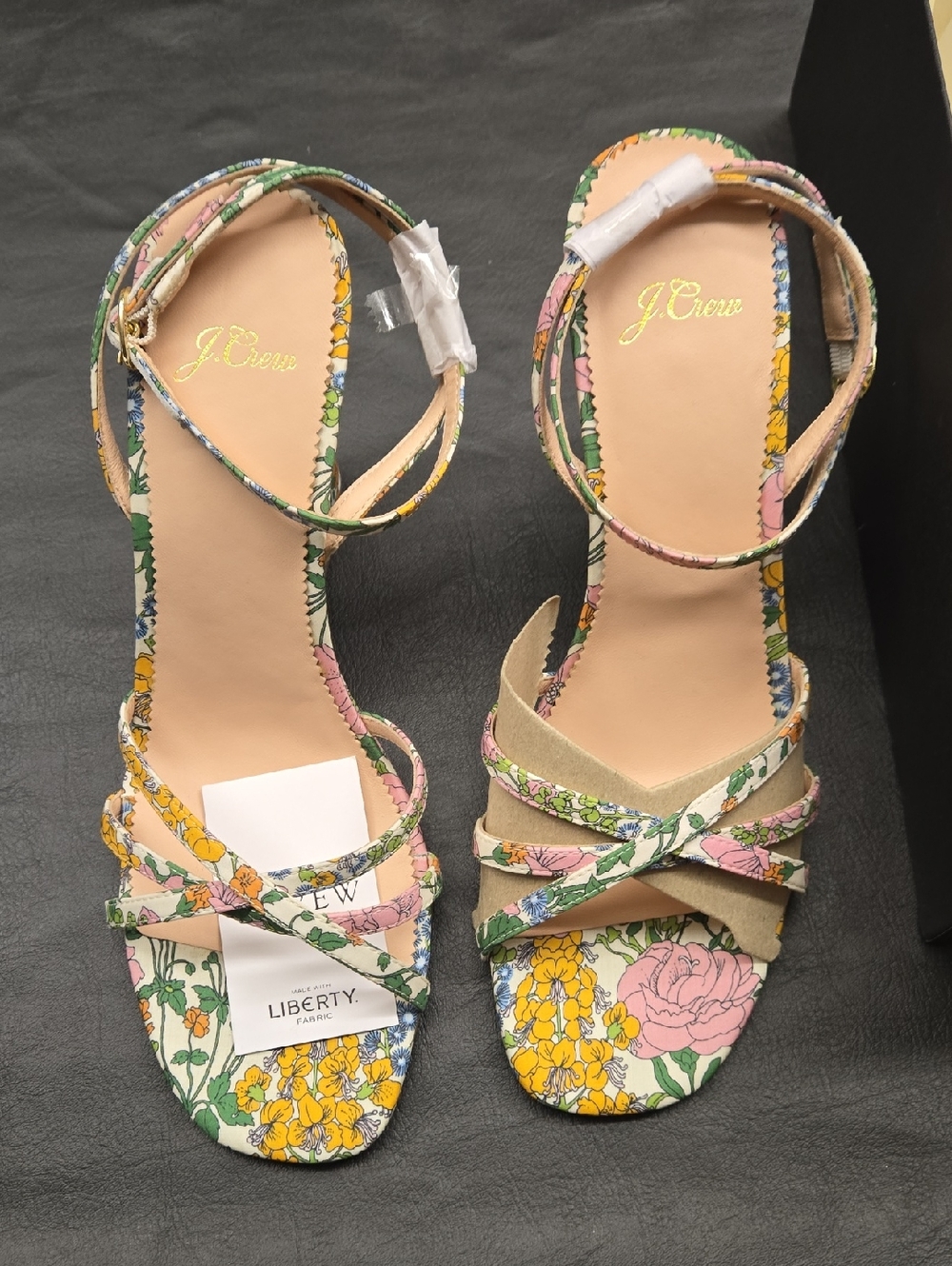 J. Crew Floral Ankle-Strap Heels in Pink, Yellow & Green